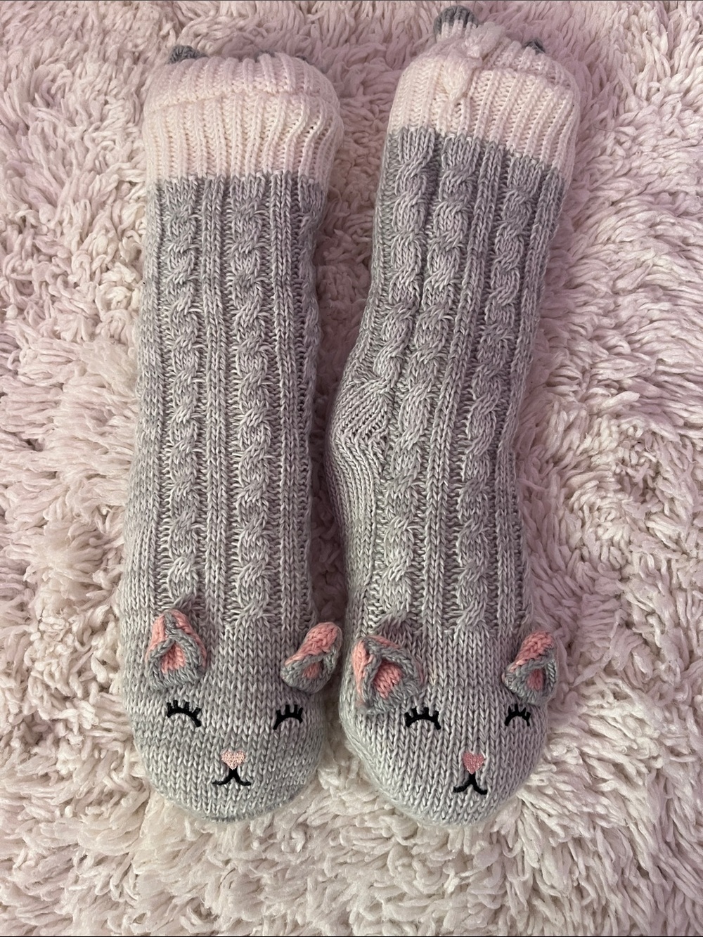 Gray Cable Knit Cat Slipper Socks with Pink Accents